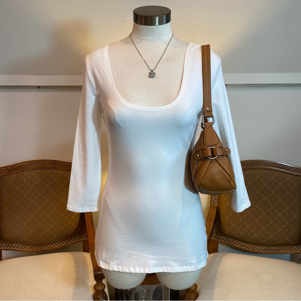 NWT Boston Proper White Cotton Basic Top Quarter Sleeves Reversible Minimalist S